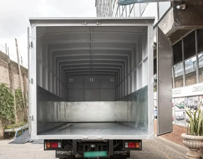 fiberglass body with single door option, ideal for secure and compact transportation of general cargo