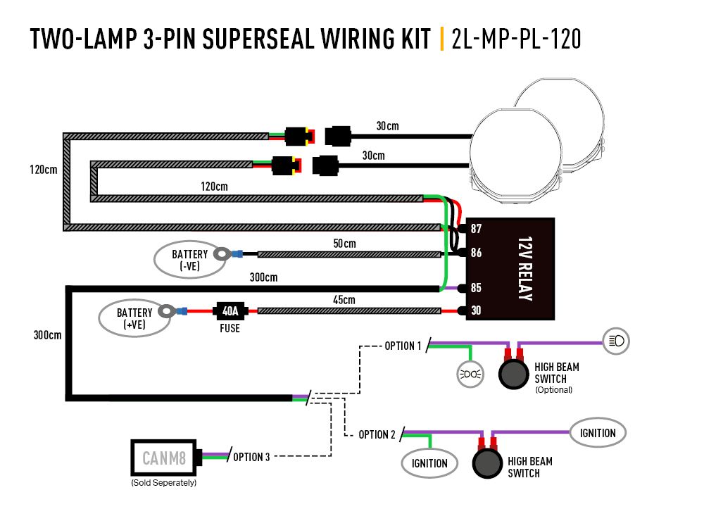 Lazer Two-Lamp 3-Pin Superseal Wiring Kit (12V) - Mid Power